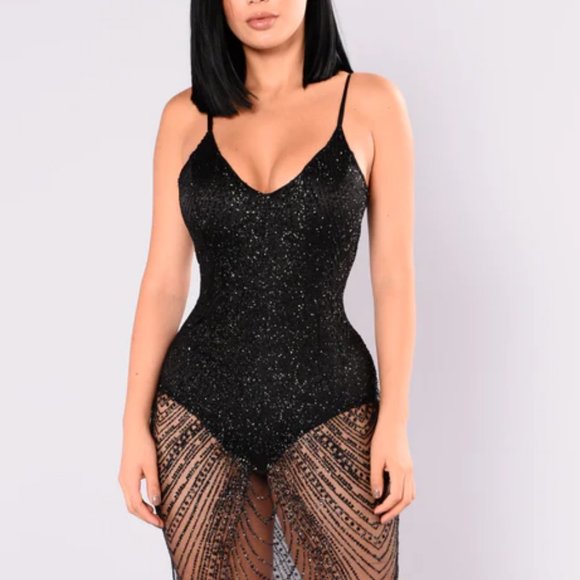 Black glitter mesh overlay cocktail dress with attached bodysuit Size Medium - Picture 4 of 4